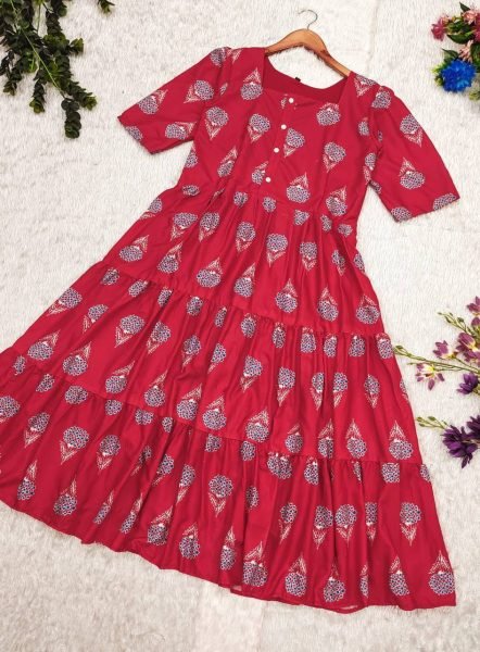 Beautiful Cotton Red Printed Half Sleeves Anarkali Gown Kurti Dress for Women Cotton Kurtis Wholesale