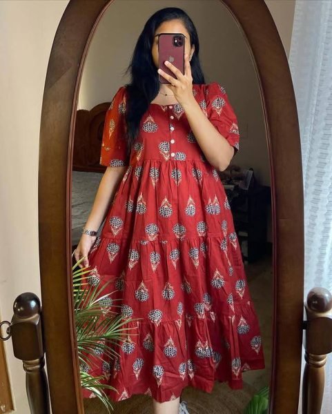 Beautiful Cotton Red Printed Half Sleeves Anarkali Gown Kurti Dress for Women Cotton Kurtis Wholesale