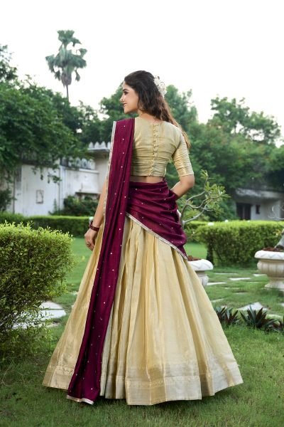Beautiful Cream Color Kanchipuram Zari Weaving Work Lehenga Choli Set Half Saree Lehenga