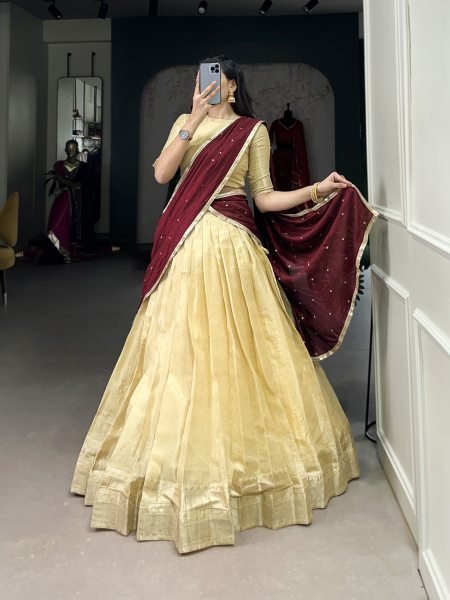 Beautiful Cream Color Kanchipuram Zari Weaving Work Lehenga Choli Set Half Saree Lehenga