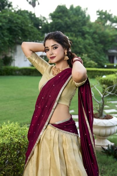 Beautiful Cream Color Kanchipuram Zari Weaving Work Lehenga Choli Set Half Saree Lehenga