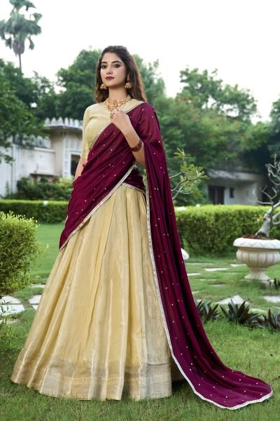 Beautiful Cream Color Kanchipuram Zari Weaving Work Lehenga Choli Set Half Saree Lehenga