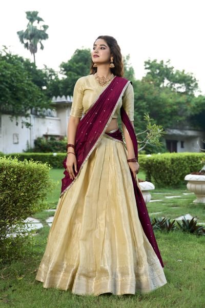 Beautiful Cream Color Kanchipuram Zari Weaving Work Lehenga Choli Set Half Saree Lehenga