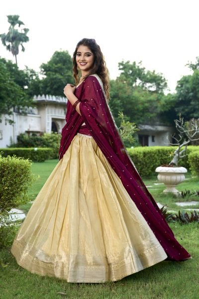 Beautiful Cream Color Kanchipuram Zari Weaving Work Lehenga Choli Set Half Saree Lehenga