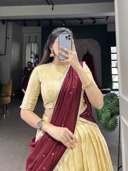 Beautiful Cream Color Kanchipuram Zari Weaving Work Lehenga Choli Set Half Saree Lehenga