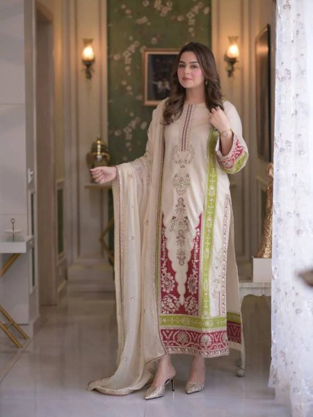 Beautiful Cream Roman Silk Kurti Set With Sequence Work On Sleeves For Bulk Order Buyer Ready To Wear Suit