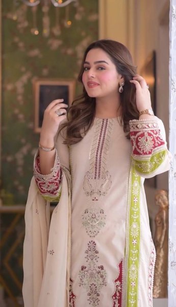 Beautiful Cream Roman Silk Kurti Set With Sequence Work On Sleeves For Bulk Order Buyer Ready To Wear Collection