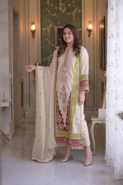 Beautiful Cream Roman Silk Kurti Set With Sequence Work On Sleeves For Bulk Order Buyer Ready To Wear Collection