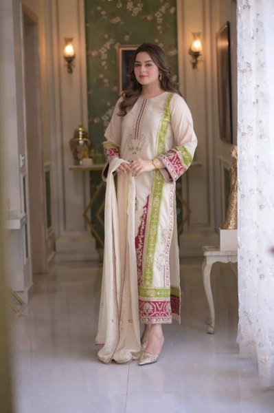 Beautiful Cream Roman Silk Kurti Set With Sequence Work On Sleeves For Bulk Order Buyer Ready To Wear Collection