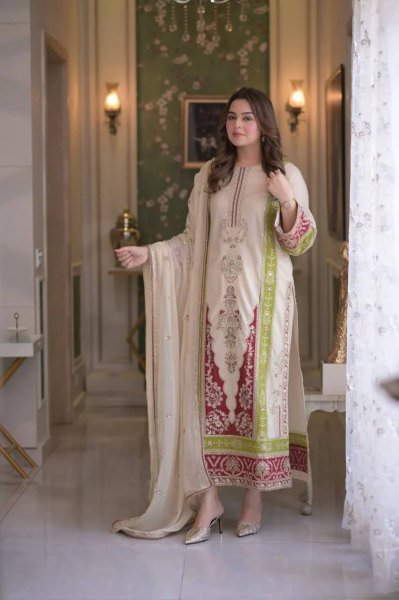 Beautiful Cream Roman Silk Kurti Set With Sequence Work On Sleeves For Bulk Order Buyer Ready To Wear Collection