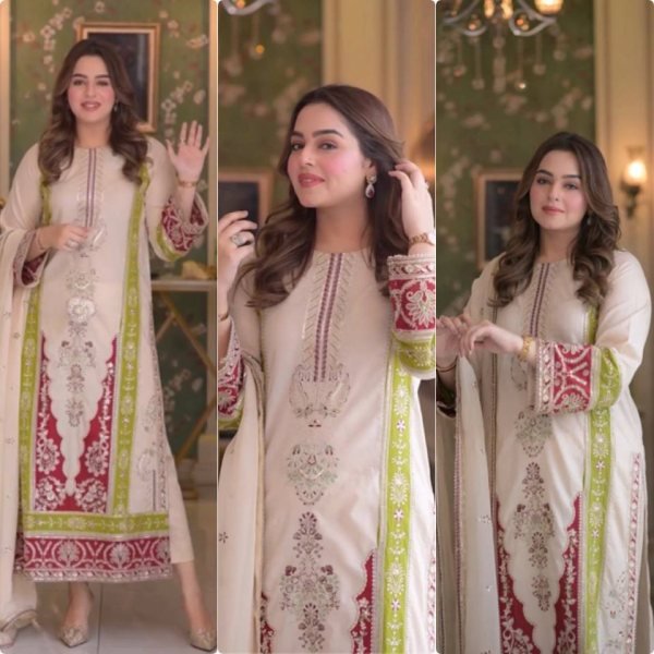 Beautiful Cream Roman Silk Kurti Set With Sequence Work On Sleeves For Bulk Order Buyer Ready To Wear Collection