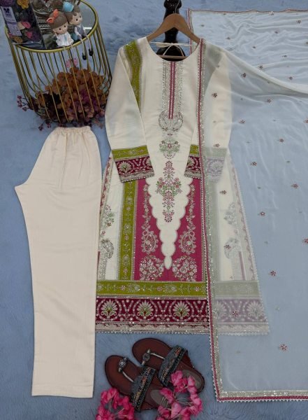 Beautiful Cream Roman Silk Kurti Set With Sequence Work On Sleeves For Bulk Order Buyer Ready To Wear Collection
