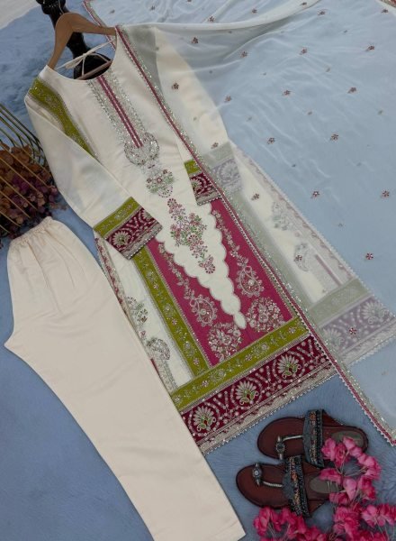 Beautiful Cream Roman Silk Kurti Set With Sequence Work On Sleeves For Bulk Order Buyer Ready To Wear Collection