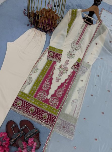 Beautiful Cream Roman Silk Kurti Set With Sequence Work On Sleeves For Bulk Order Buyer Ready To Wear Collection