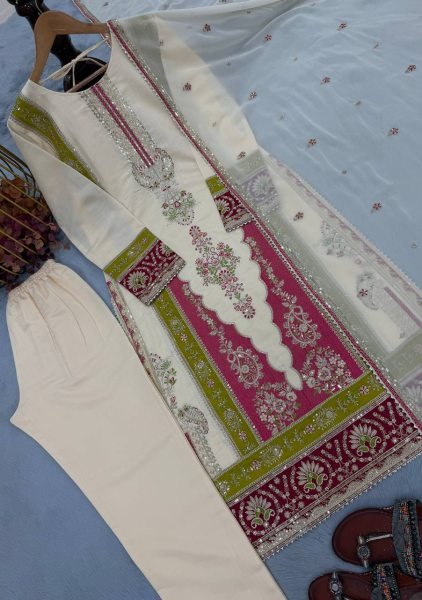 Beautiful Cream Roman Silk Kurti Set With Sequence Work On Sleeves For Bulk Order Buyer Ready To Wear Collection