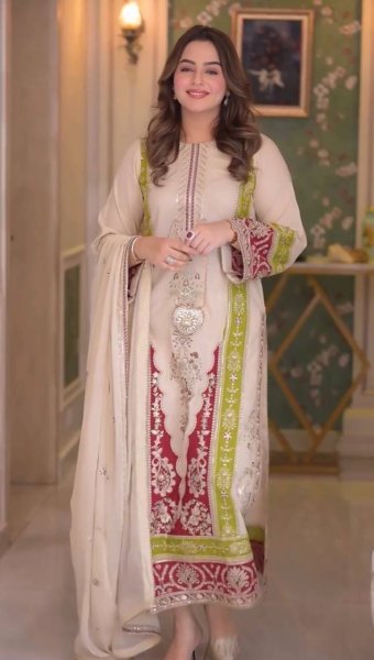 Beautiful Cream Roman Silk Kurti Set With Sequence Work On Sleeves For Bulk Order Buyer Ready To Wear Collection