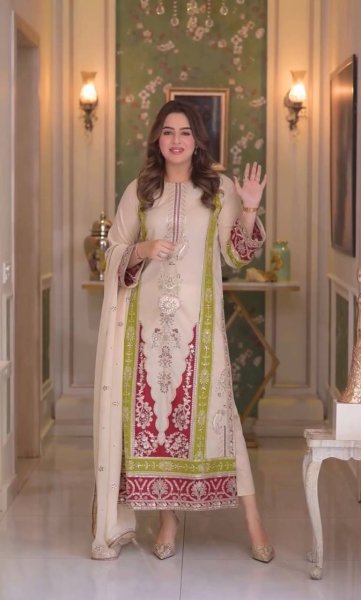 Beautiful Cream Roman Silk Kurti Set With Sequence Work On Sleeves For Bulk Order Buyer Ready To Wear Collection