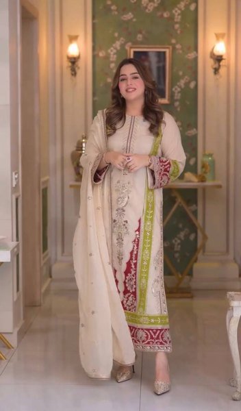 Beautiful Cream Roman Silk Kurti Set With Sequence Work On Sleeves For Bulk Order Buyer Ready To Wear Collection