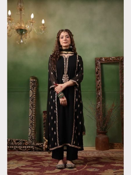 Beautiful Designer Black 3 piece set with Heavy Embroidery Ready To Wear Collection