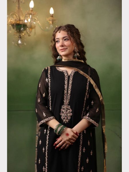 Beautiful Designer Black 3 piece set with Heavy Embroidery Ready To Wear Collection