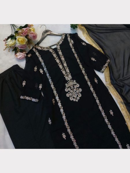 Beautiful Designer Black 3 piece set with Heavy Embroidery Ready To Wear Collection