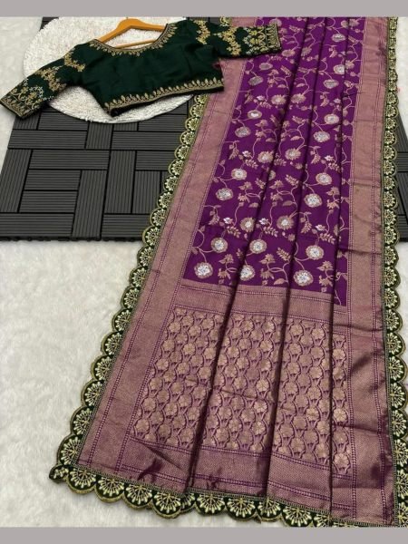 Beautiful Designer Zari Embroidery Work Saree Embroidery Sarees Wholesale