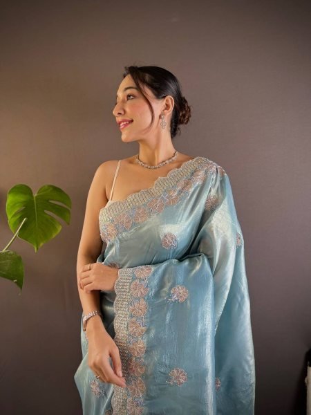 Beautiful Diamond Silk Saree With Multi Sequence And Thread Work Silk Sarees Wholesale