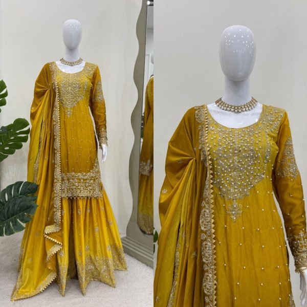 Beautiful Ethnic Party Wear Sharara Suit with Heavy Chinon Fabric, Pearl Work, and Elegant Lace Border Dupatta for women Ready To Wear Collection