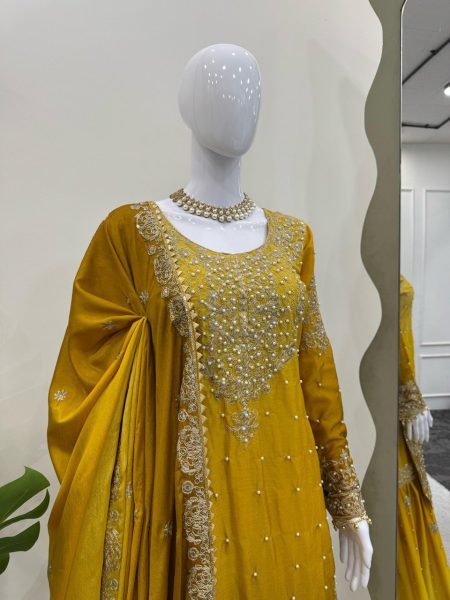 Beautiful Ethnic Party Wear Sharara Suit with Heavy Chinon Fabric, Pearl Work, and Elegant Lace Border Dupatta for women Ready To Wear Collection