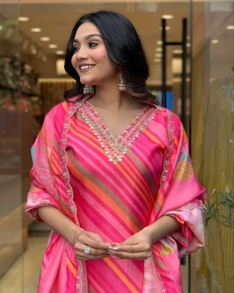 Beautiful Heavy Chinon With Embroidery Neck 3pc Set  3 Piece Kurti Set