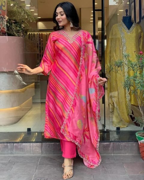 Beautiful Heavy Chinon With Embroidery Neck 3pc Set  3 Piece Kurti Set