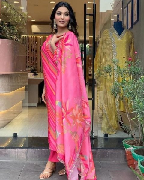 Beautiful Heavy Chinon With Embroidery Neck 3pc Set  3 Piece Kurti Set