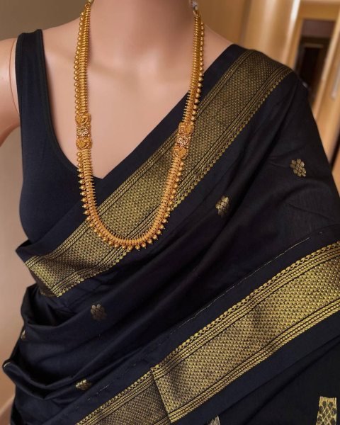 Beautiful Kalyani Cotton Black Ready To Wear Saree With Zari Border Silk Sarees Wholesale