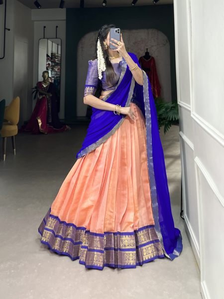 Beautiful Kanchipuram Lehenga Choli With Designer Dupatta For Festival Half Saree Lehenga