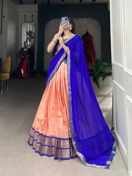 Beautiful Kanchipuram Lehenga Choli With Designer Dupatta For Festival Half Saree Lehenga