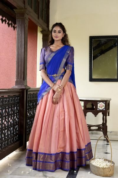 Beautiful Kanchipuram Lehenga Choli With Designer Dupatta For Festival Half Saree Lehenga
