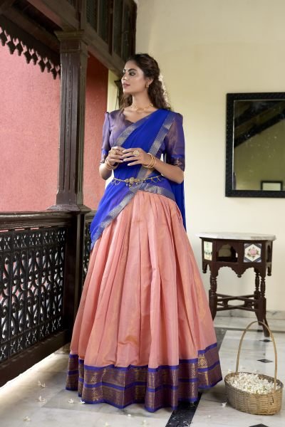 Beautiful Kanchipuram Lehenga Choli With Designer Dupatta For Festival Half Saree Lehenga