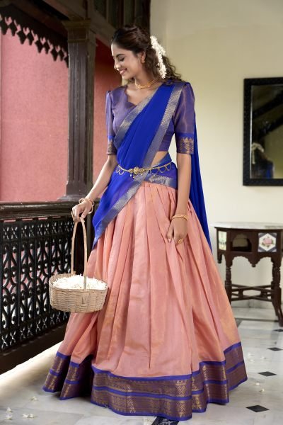 Beautiful Kanchipuram Lehenga Choli With Designer Dupatta For Festival Half Saree Lehenga