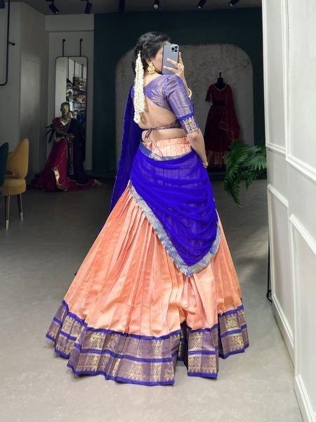 Beautiful Kanchipuram Lehenga Choli With Designer Dupatta For Festival Half Saree Lehenga