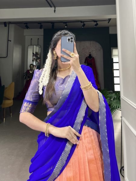 Beautiful Kanchipuram Lehenga Choli With Designer Dupatta For Festival Half Saree Lehenga