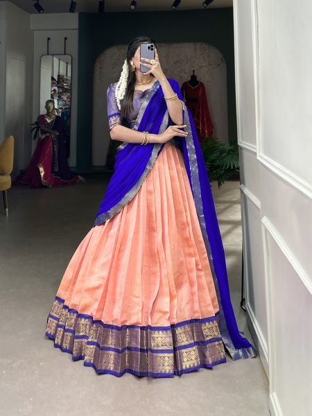 Beautiful Kanchipuram Lehenga Choli With Designer Dupatta For Festival Half Saree Lehenga