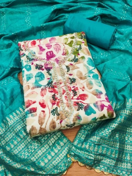 Beautiful Latest Blue Color chanderi print Dress Material Collection Color Set Matching Dress Material Wholesale