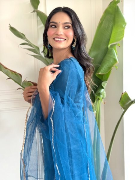 Beautiful Latest Blue Color Viscose Chanderi Kurti set At Wholesale Rate 3 Piece Kurti Set