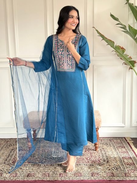 Beautiful Latest Blue Color Viscose Chanderi Kurti set At Wholesale Rate 3 Piece Kurti Set