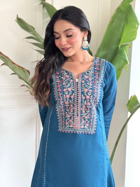 Beautiful Latest Blue Color Viscose Chanderi Kurti set At Wholesale Rate 3 Piece Kurti Set