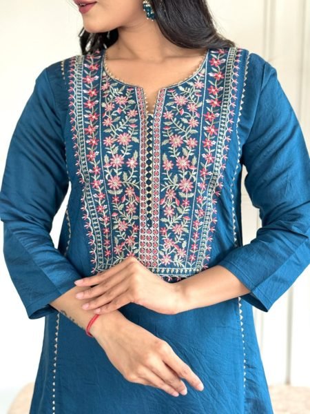 Beautiful Latest Blue Color Viscose Chanderi Kurti set At Wholesale Rate 3 Piece Kurti Set