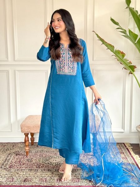 Beautiful Latest Blue Color Viscose Chanderi Kurti set At Wholesale Rate 3 Piece Kurti Set