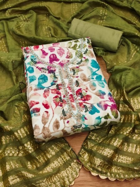 Beautiful Latest Green Color chanderi print Dress Material Collection Color Set Matching Dress Material Wholesale