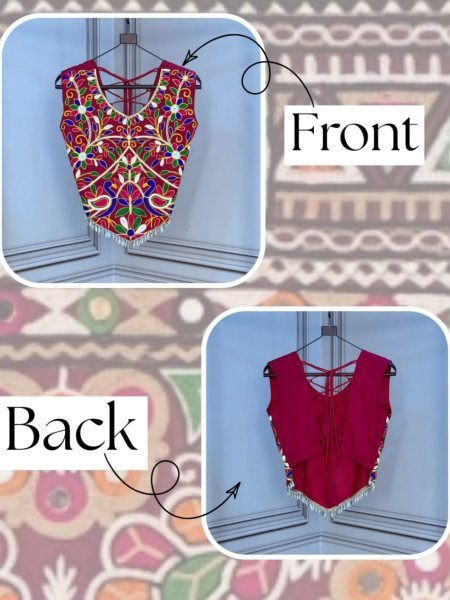 Beautiful Maroon V Neck Sleeveless Rayon Blouse with Traditional Kutchi Work Sarees 