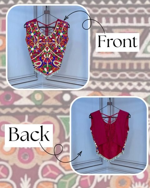 Beautiful Maroon V Neck Sleeveless Rayon Blouse with Traditional Kutchi Work Navratri Lehnega Choli